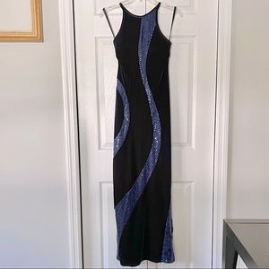 Navy blue velvet evening gown